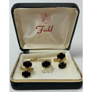Vintage Field Black Stone Onyx Cufflinks & Tie Tac New in Original Box Gold Tone